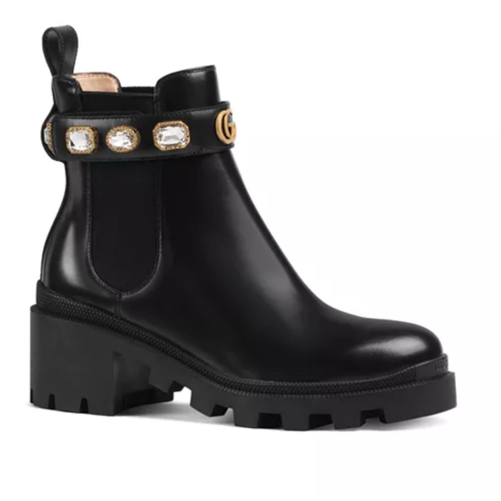 Gucci Black Crystal-Embellished Trip Ankle Boots in size 37.